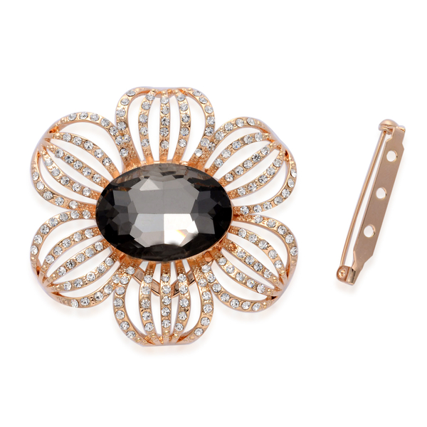 (Option 4) Black Glass, White Austrian Crystal Floral Brooch or Scarf Clip in Gold Tone