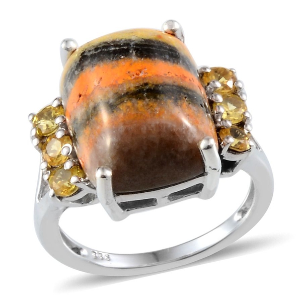 Bumble Bee Jasper (Cush 9.25 Ct), Yellow Sapphire Ring in Platinum Overlay Sterling Silver 10.000 Ct