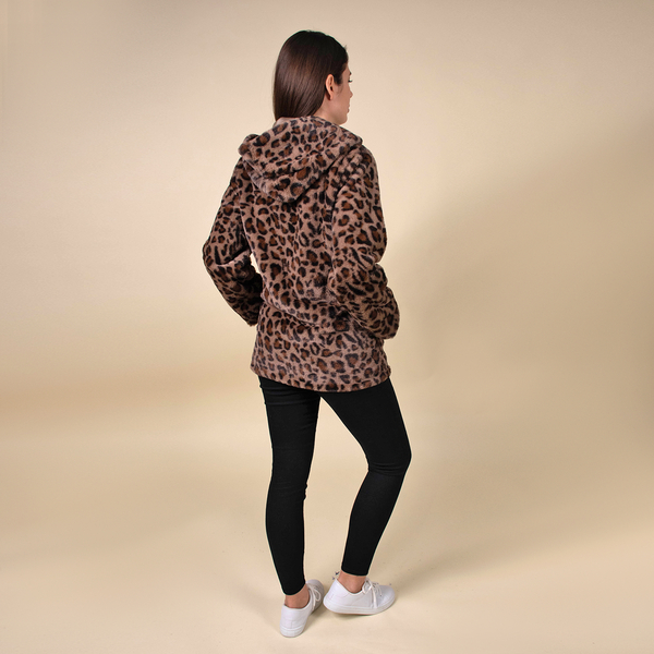 TAMSY Leopard Pattern Faux Fur Long Sleeved Coat (Size S, 98x74x59 Cm) - Brown