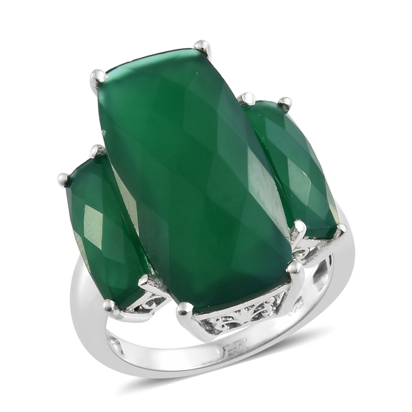 Verde Onyx (Cush 26x12 MM 13.50 Ct) 3 Stone Ring in Platinum Overlay Sterling Silver 17.750 Ct. Silv