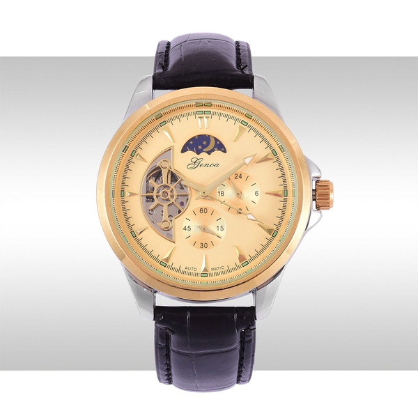GENOA Automatic Skeleton Golden Dial Water Resistant Watch in Gold Tone with Stainless Steel Back and Black Colour Strap