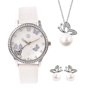 3 Piece Set - Simulated Diamond, White Shell Pearl and White Austrian Crystal Butterfly Watch with W