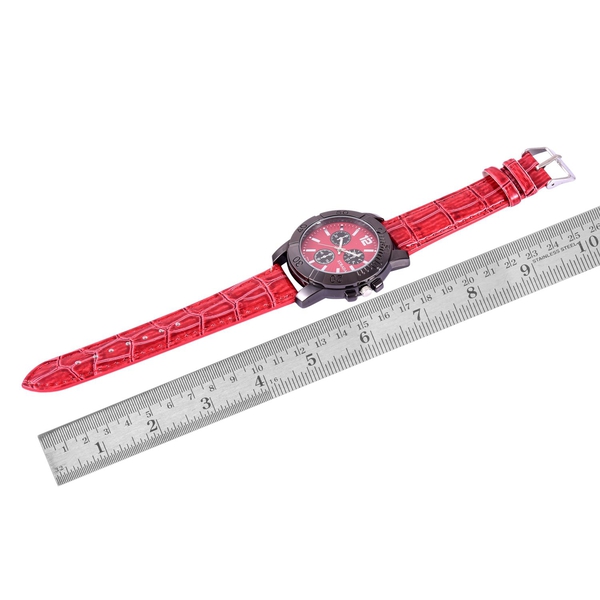 STRADA Japanese Movement Red Dial Water Resistant Watch in Black Tone with Stainless Steel Back and Red Strap