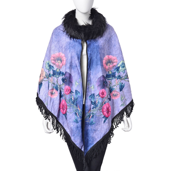 Designer Inspired Purple Floral Pattern Faux Fur Collar Reversible Poncho with Tassels (Free Size)