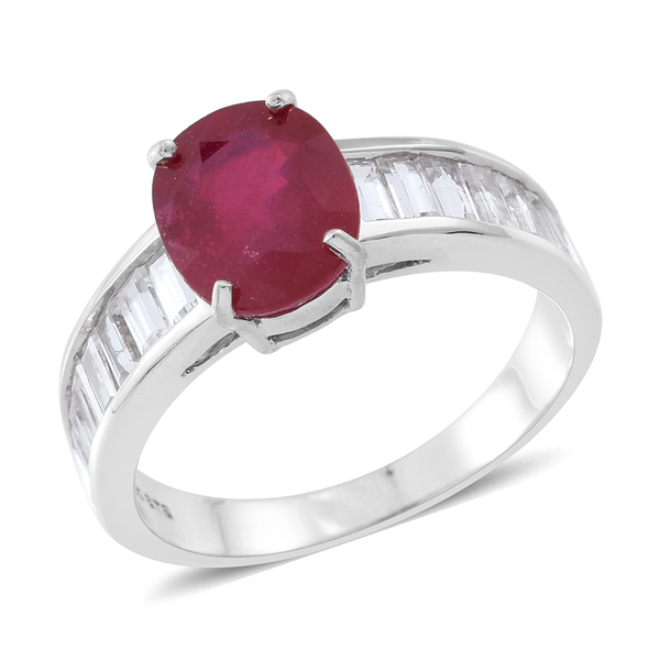 African Ruby (Ovl 3.75 Ct), White Topaz Ring in Rhodium Plated Sterling Silver 5.500 Ct.