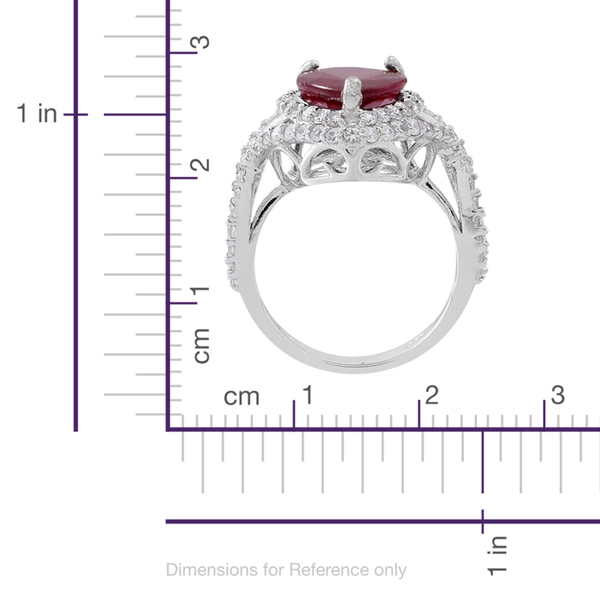 African Ruby (Pear 6.70 Ct), White Zircon Ring in Rhodium Plated Sterling Silver 8.000 Ct.