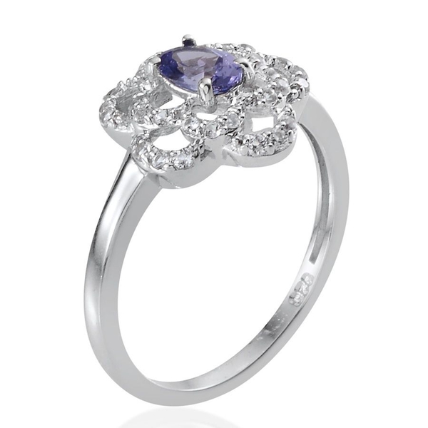 Tanzanite (Ovl 0.50 Ct), White Topaz Floral Ring in Platinum Overlay Sterling Silver 0.650 Ct.