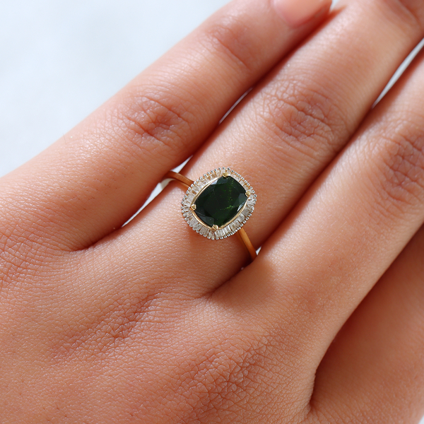 Chrome Diopside and Diamond Halo Ring in Gold Overlay Sterling Silver 1.73 Ct.