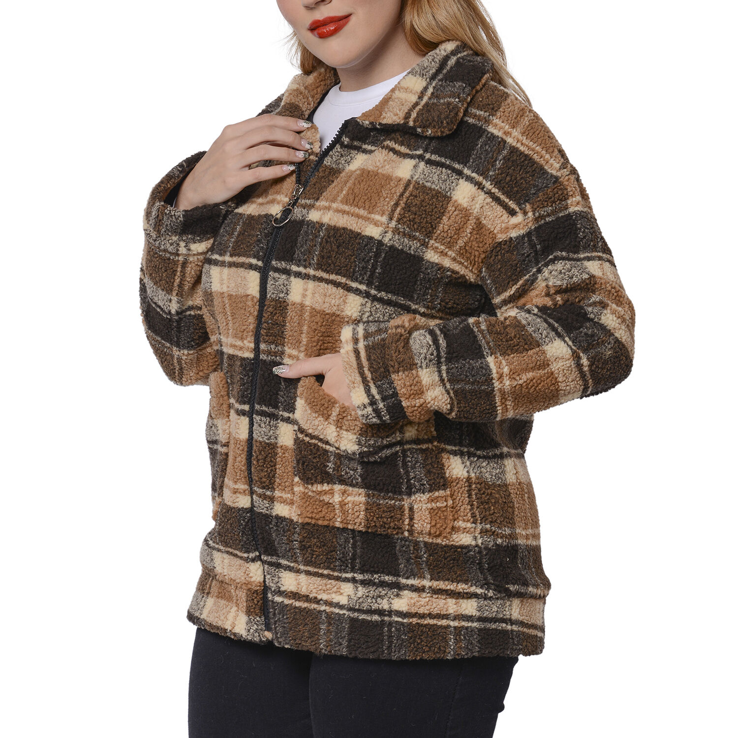 Dark and Light Brown Plaid Pattern Faux Fur Coat with Pockets