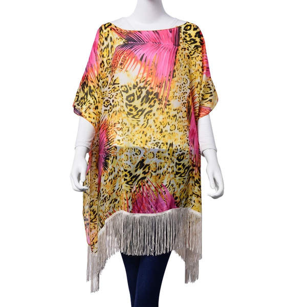Leopard Pattern Fuchsia and Yellow Colour Poncho with Tassels (Free Size)