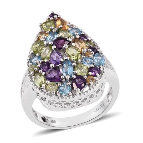 GP Hebei Peridot (Pear), Amethyst, Electric Swiss Blue Topaz, Citrine and Multi Gem Stone Ring in Pl