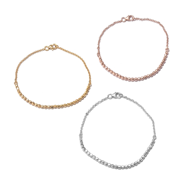 Set of 3 - 14K Gold, Rose Gold and Rhodium Overlay Sterling Silver Beads Bracelet (Size 7.50), Silve