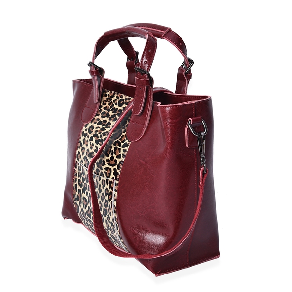 100% Genuine Leather Leopard Pattern Middle Size Tote Bag with Detachable Shoulder Strap (Size 38x25x13 Cm) - Wine