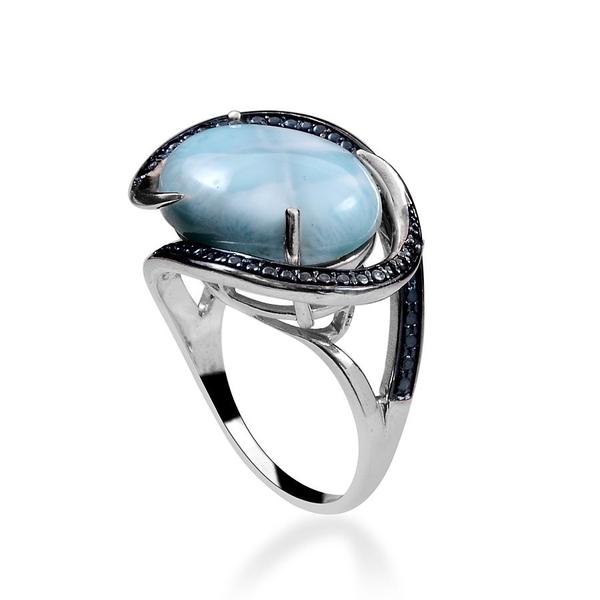 Larimar (Ovl 12.00 Ct), Blue Diamond Ring in Platinum Overlay Sterling Silver 12.020 Ct.