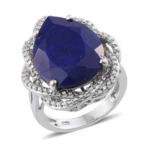 Lapis Lazuli (Pear 12.00 Ct), Diamond Ring in Platinum Overlay Sterling Silver 12.010 Ct.