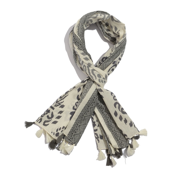 Designer Inspired Winter Special Grey, Off White and Black Colour Embroidered Cotton Scarf with Frin