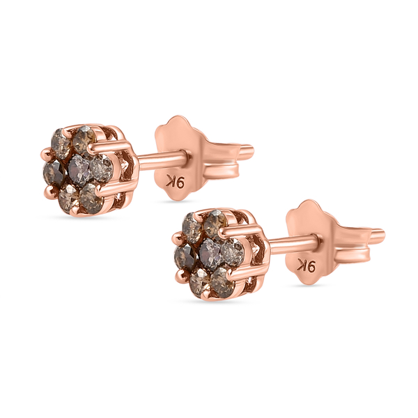 9K Rose Gold SGL CERTIFIED Champagne Diamond (I3) Floral Stud Earrings (With Push Back) 0.25 Ct.
