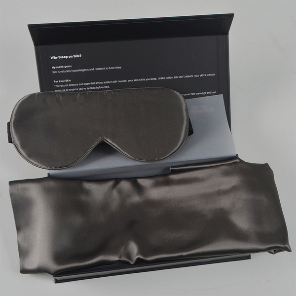 Set of 2 - 100% Mulberry Silk Front Side- Pillowcase (Size 50x75cm) and Eye Mask (Size 23.5x10.5cm) - Dark Grey