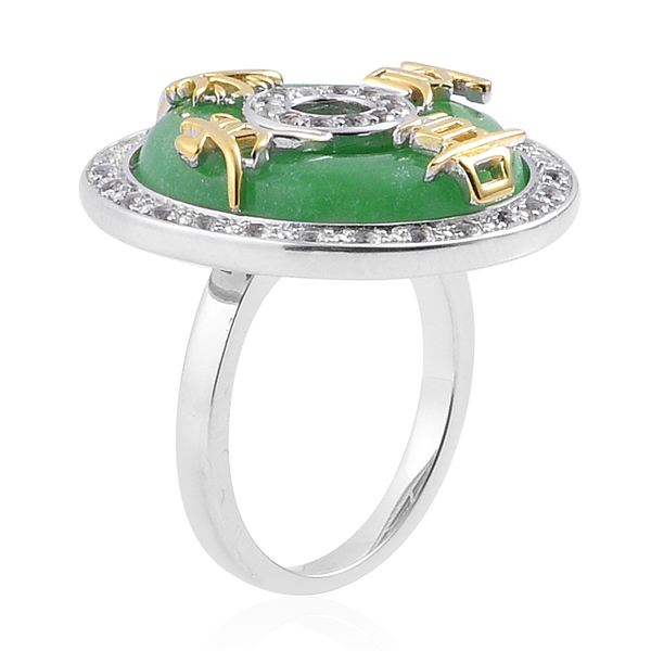 Green Jade (Rnd 15.00 Ct), White Topaz Chinese Character GONG XI FA CAI (Wealth and Prosperity) Ring in 14K Gold Overlay Sterling Silver 15.500 Ct.