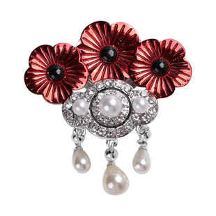 TJC Poppy Design - Simulated Pearl, White Austrian Crystal and Simulated Black Spinel Enamelled Magn