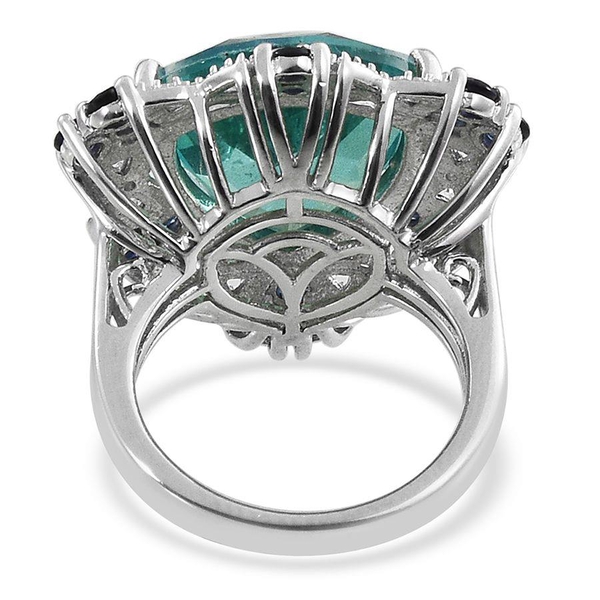 Peacock Quartz (Trl 8.75 Ct), Kanchanaburi Blue Sapphire and Diamond Ring in Platinum Overlay Sterling Silver 10.000 Ct.