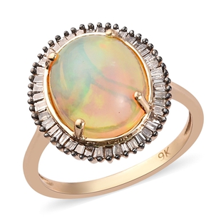 Cocktail Collection-9K Yellow Gold Ethiopian Welo Opal (Oval 12x10) and Diamond (Rnd 0.25 Cts) Ring 