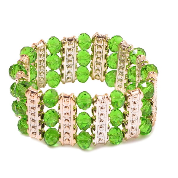 Green Glass and Simulated Stones Stretchable Bracelet (Size 7.5) in Gold Tone