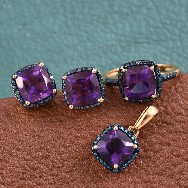 Lusaka Amethyst (Cush), Blue Diamond Ring, Pendant and Stud Earrings (with Push Back) in 14K Gold Overlay Sterling Silver Set 6.790 Ct.