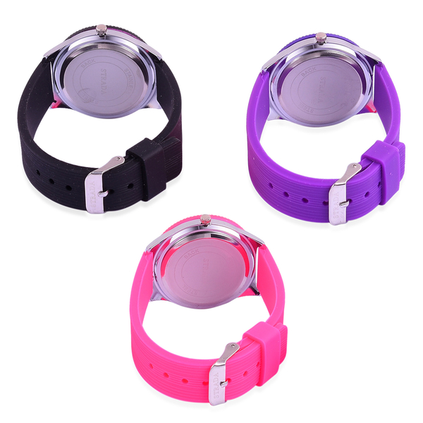 Set of 3 - STRADA Japanese Movement Black, Pink and Purple Colour Watch in Silver Tone with Silicone Strap