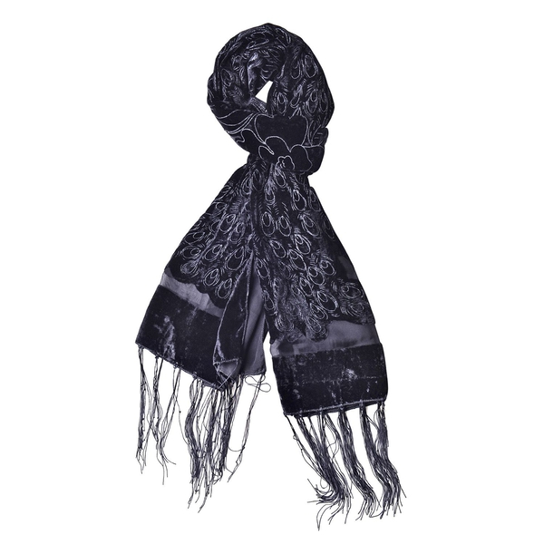 Designer Inspired - Black and Grey Colour Peacock and Floral Pattern Scarf with Tassels (Size 158X50