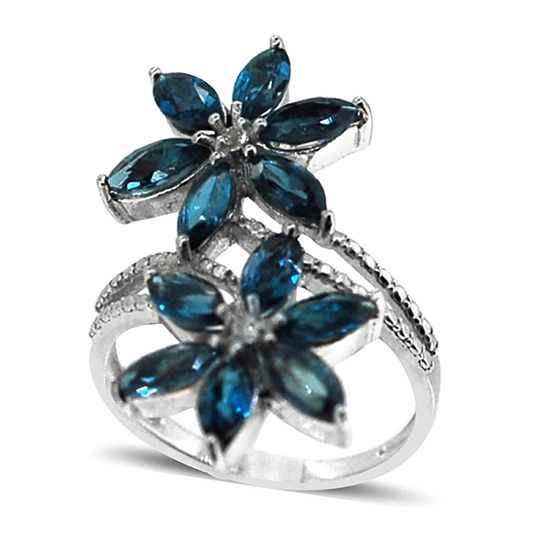 London Blue Topaz (Mrq), White Topaz Twin Floral Crossover Ring in Rhodium Plated Sterling Silver 3.