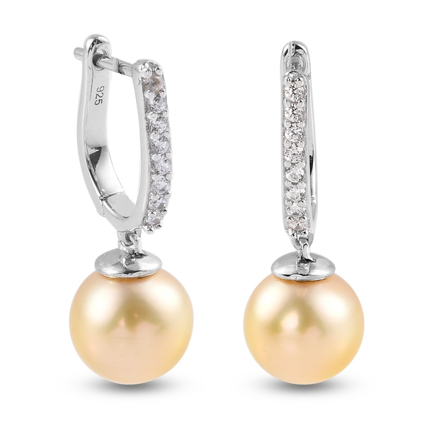 Golden South Sea Pearl and Natural Cambodian Zircon Earrings in Platinum Overlay Sterling Silver