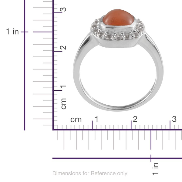 Mitiyagoda Peach Moonstone (Cush 2.50 Ct), White Topaz Ring in Platinum Overlay Sterling Silver 3.250 Ct.