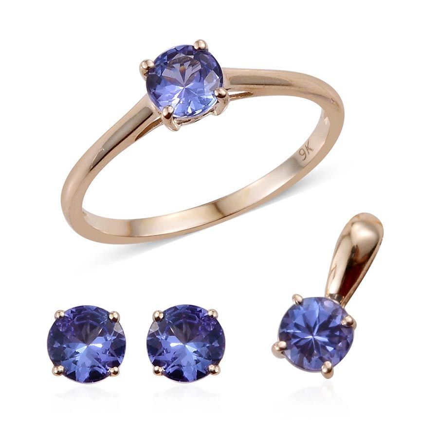 9K Yellow Gold 2 Carat Tanzanite Round Solitaire Ring, Pendant and Stud Earrings Set.