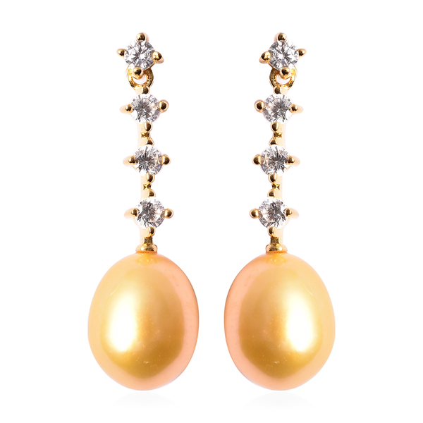 Freshwater Golden Pearl Dangle Earrings (with Push Back) in Yellow Gold Overlay Sterling Silver