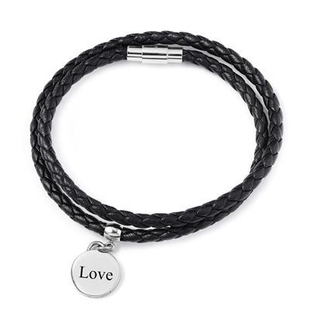 Personalised Engravable Double Braided Black Leather Disc Charm Bracelet, Size 8 Inch