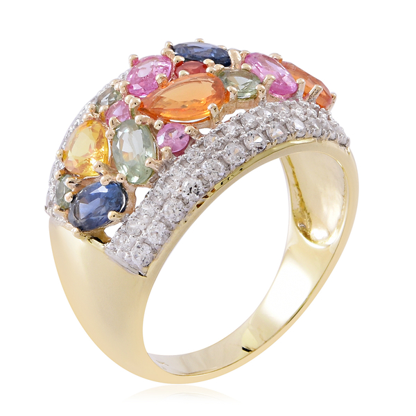Cocktail Collection- 9K Yellow Gold AAA Rainbow Sapphire and Natural White Cambodian Zircon Ring 4.350 Ct.