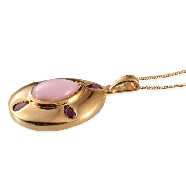 Peruvian Pink Opal (Pear), Rhodolite Garnet Pendant With Chain in Yellow Gold Overlay Sterling Silver 4.750 Ct.