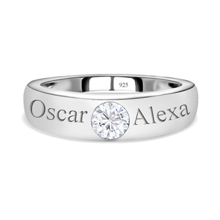 Personalised Engravable Moissanite Solitaire Band Ring in Platinum Plated Sterling Silver
