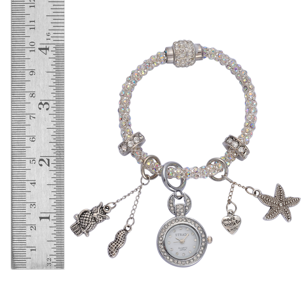 STRADA Japanese Movement AB White Austrian Crystal Stainless Steel Back Watch with 6 Charms on Popcorn Bracelet and Magnetic Clasp in Silver Tone