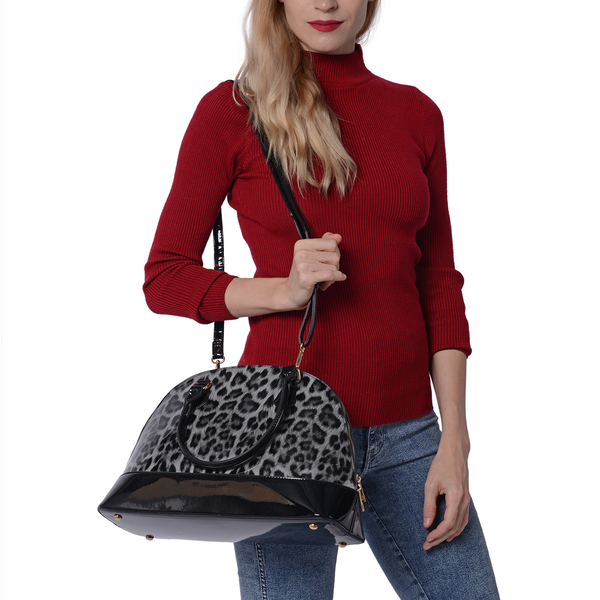 Grey Leopard Pattern Patent Satchel Bag with Adjustable Shoulder Strap (37x26x25cm)