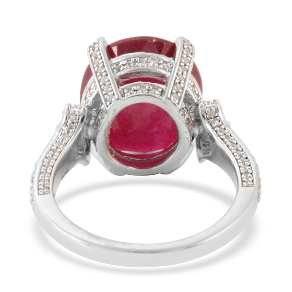 African Ruby (Ovl 10.07 Ct), White Topaz Ring in Rhodium Plated Sterling Silver 11.020 Ct.