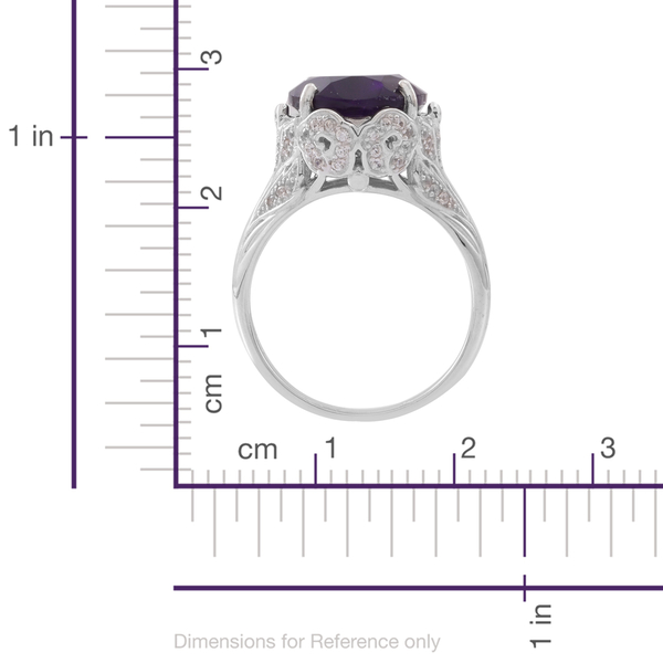 Lusaka Amethyst (Ovl 10.50 Ct), Natural White Cambodian Zircon Ring in Rhodium Plated Sterling Silver 11.000 Ct.