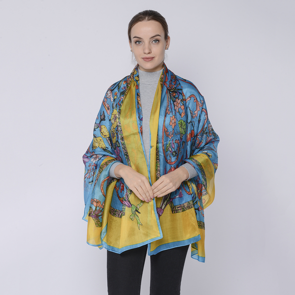 LA MAREY Mulberry Silk Printed Scarf - Blue and Yellow