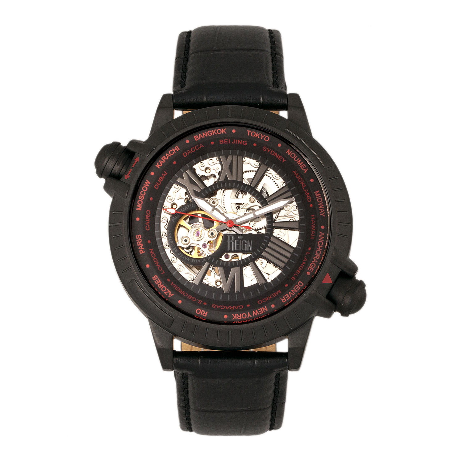 Reign Thanos Automatic Movement Skeleton Dial Water Resistant Watch with Stainless Steel Case and Genuine Leather Strap - Black & Red