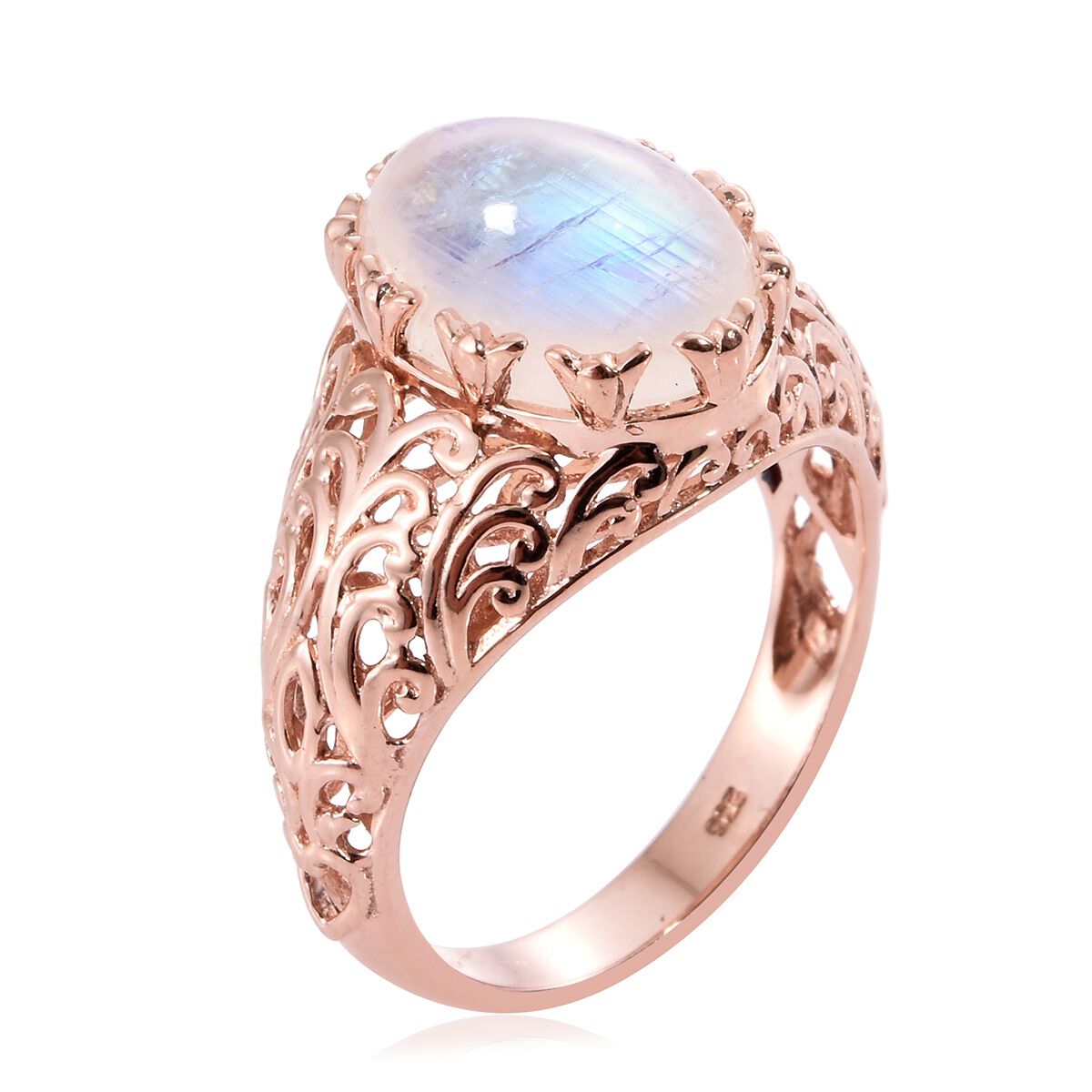 Sri Lankan Rainbow Moonstone (Ovl) Solitaire Ring in Rose Gold Overlay Sterling Silver 6.000 Ct.
