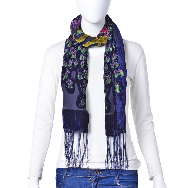 Designer Inspired - Dark Blue, Green and Multi Colour Peacock and Floral Pattern Scarf with Tassels (Size 158X50 Cm)