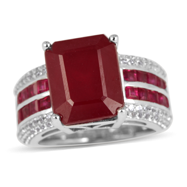 African Ruby (Oct 9.50 Ct), Ruby and Natural Cambodian Zircon Ring in Rhodium Plated Sterling Silver