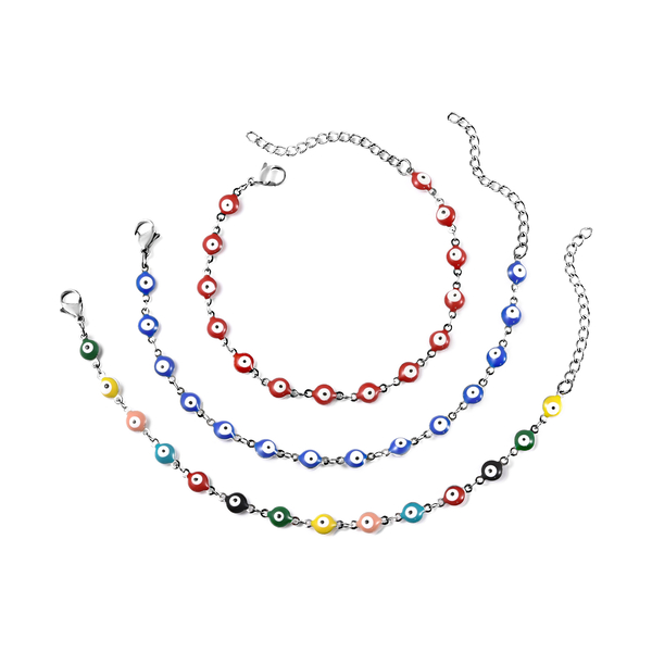 Set of 3 - Turkish Eye Bead Bracelet (Size 7.5 with 2 inch Extender) in Stainless Steel