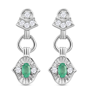 Ethiopian Emerald and Natural Cambodian Zircon Dangling Earrings (With Push Back) in Platinum Overla